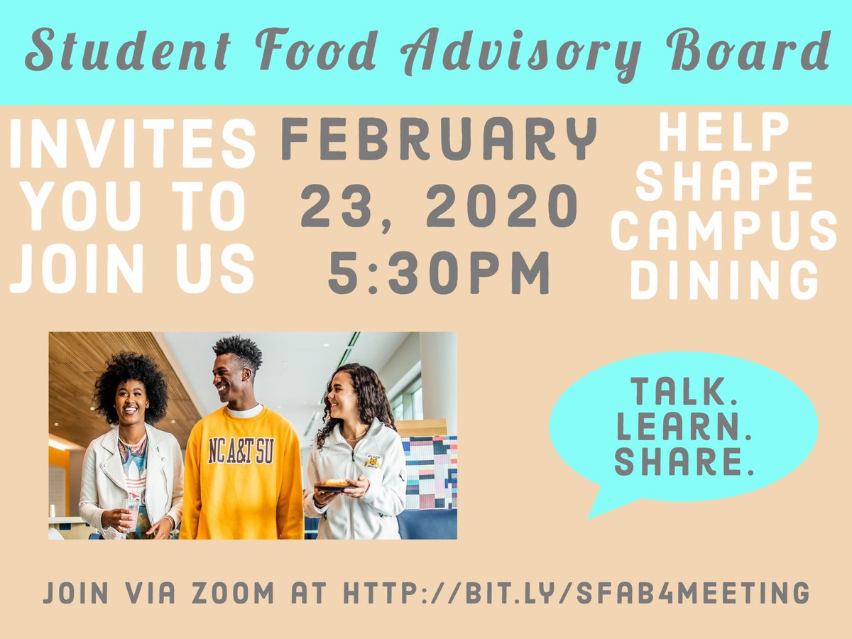 ncat_sfab's tweet photo. Aggies! The Student Food Advisory Board is having our first meeting of the semester! The first 5 people to log on will receive a Try It Before You Buy It coupon for The Marketplace and Williams Dining so make sure to log in using the link in our bio! 

#ncat #ncatdining https://t.co/zn5Ta36dfu