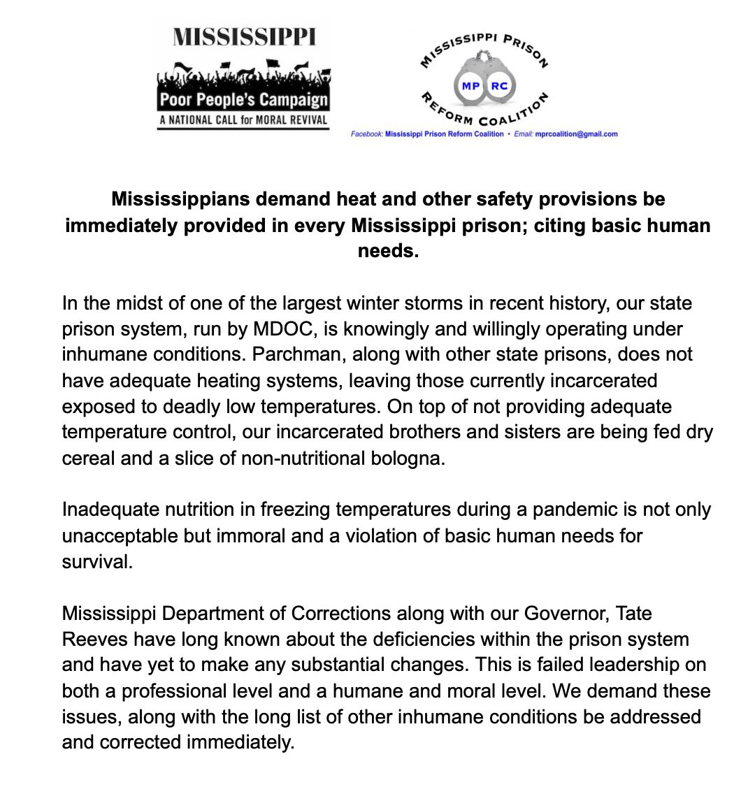 Our statement regarding the inadequate heating systems and meals provided by @MS_MDOC for currently incarcerated folks.