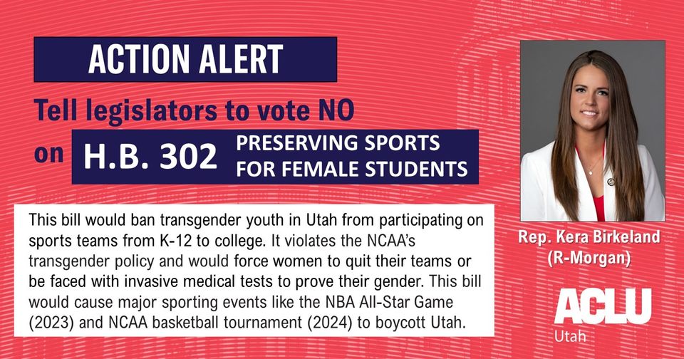 usudsa's tweet photo. Rep. Birkeland, Kera (385-266-2677) has introduced #HB302. This bill attempts to appear as an equal rights amendment for promoting gender equality, when in reality it serves as a transphobic barring of women from playing their respective sport. https://t.co/LUQcLQQdZT