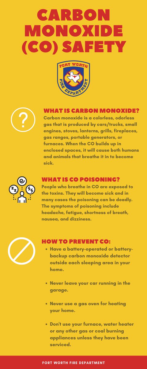 FortWorthFire's tweet image. In the past 48 hours, #YourFWFD has responded to more than 80 calls for service for #carbonmonoxide (CO) leaks and poisoning. While incredibly serious, CO is also preventable. Please see the information below to be sure you’re safe during these historically cold temperatures.