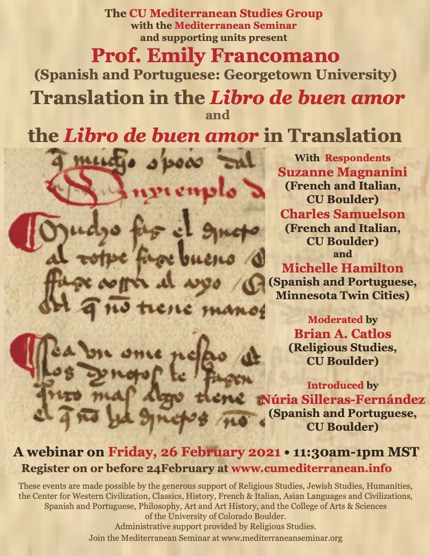 mediber_digest's tweet photo. Attend: “Translation in the Libro de buen amor and the Libro de buen amor in Translation” • Emily Francomano • 26 February 2021, 11:30am–1pm MST https://t.co/TssCW6uuOB