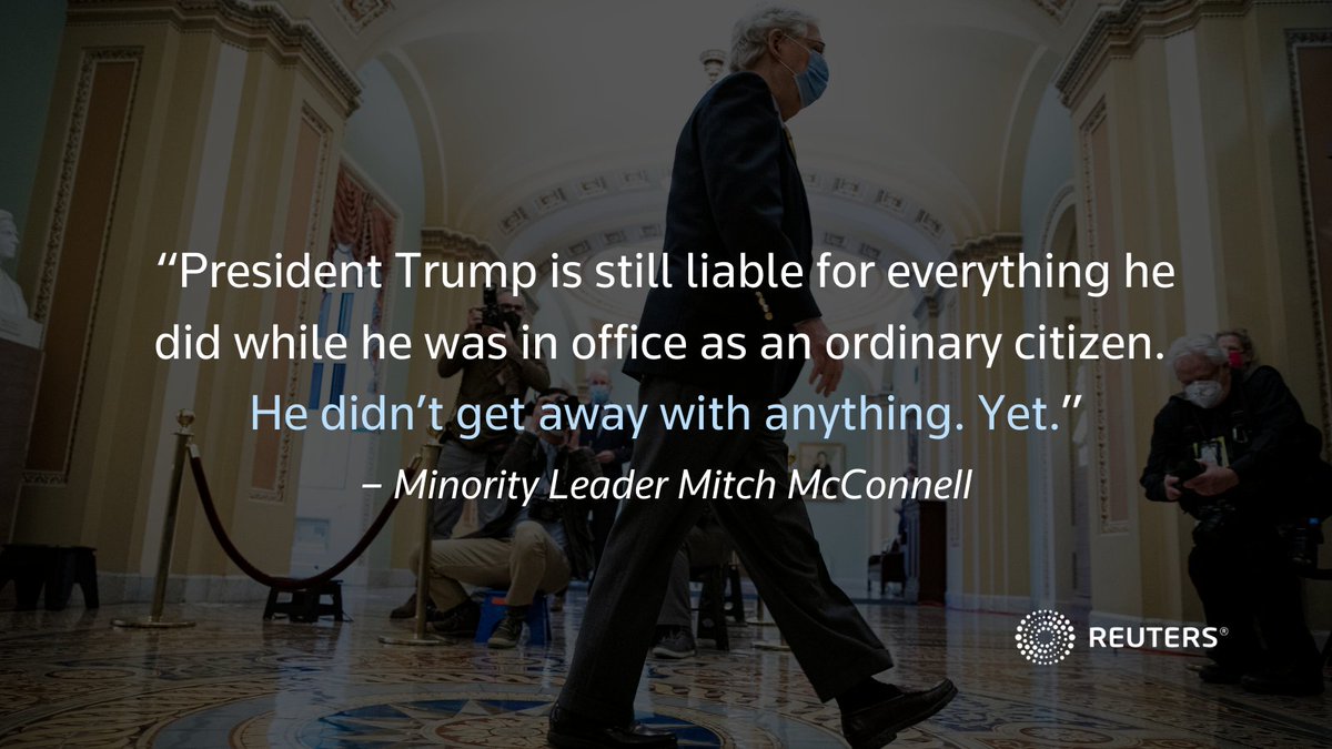 Trump’s legal troubles are far from over, despite his acquittal in the Senate impeachment trial, Minority Leader McConnell noted moments after voting for acquittal  https://reut.rs/2NufVZS&nbsp;Here’s a thread on how Trump leaving office affects his criminal and civil exposure 