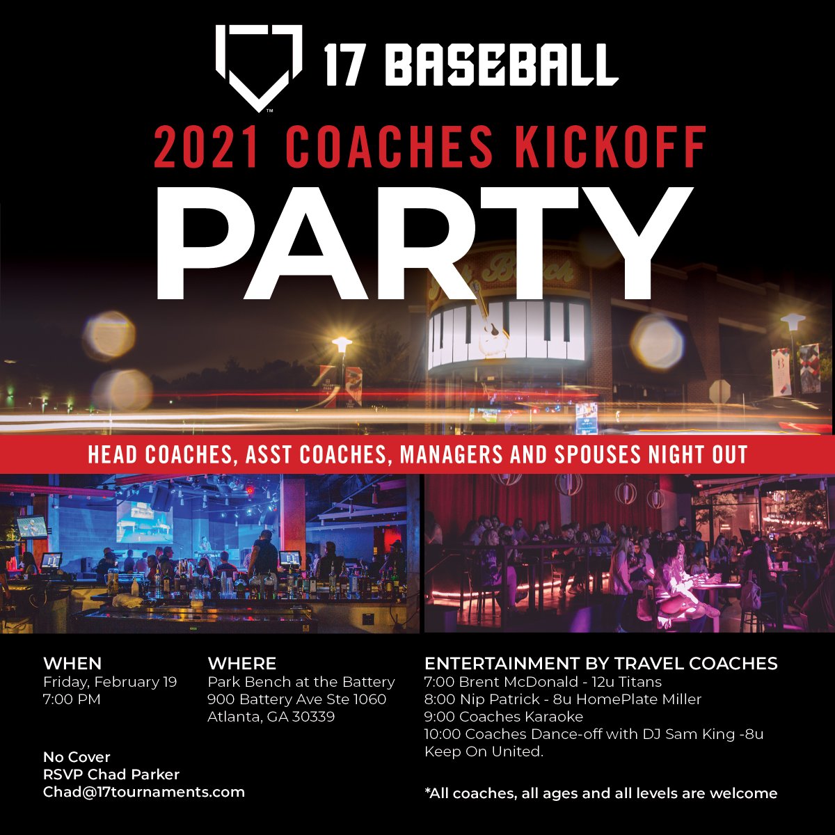 You're invited!! Kickoff Party this Friday. 🥳 Don't miss it! 
RSVP to Chad Parker - chad@17tournaments.com - by Thursday, February 18, 2021! 
#Play17 #17Baseball