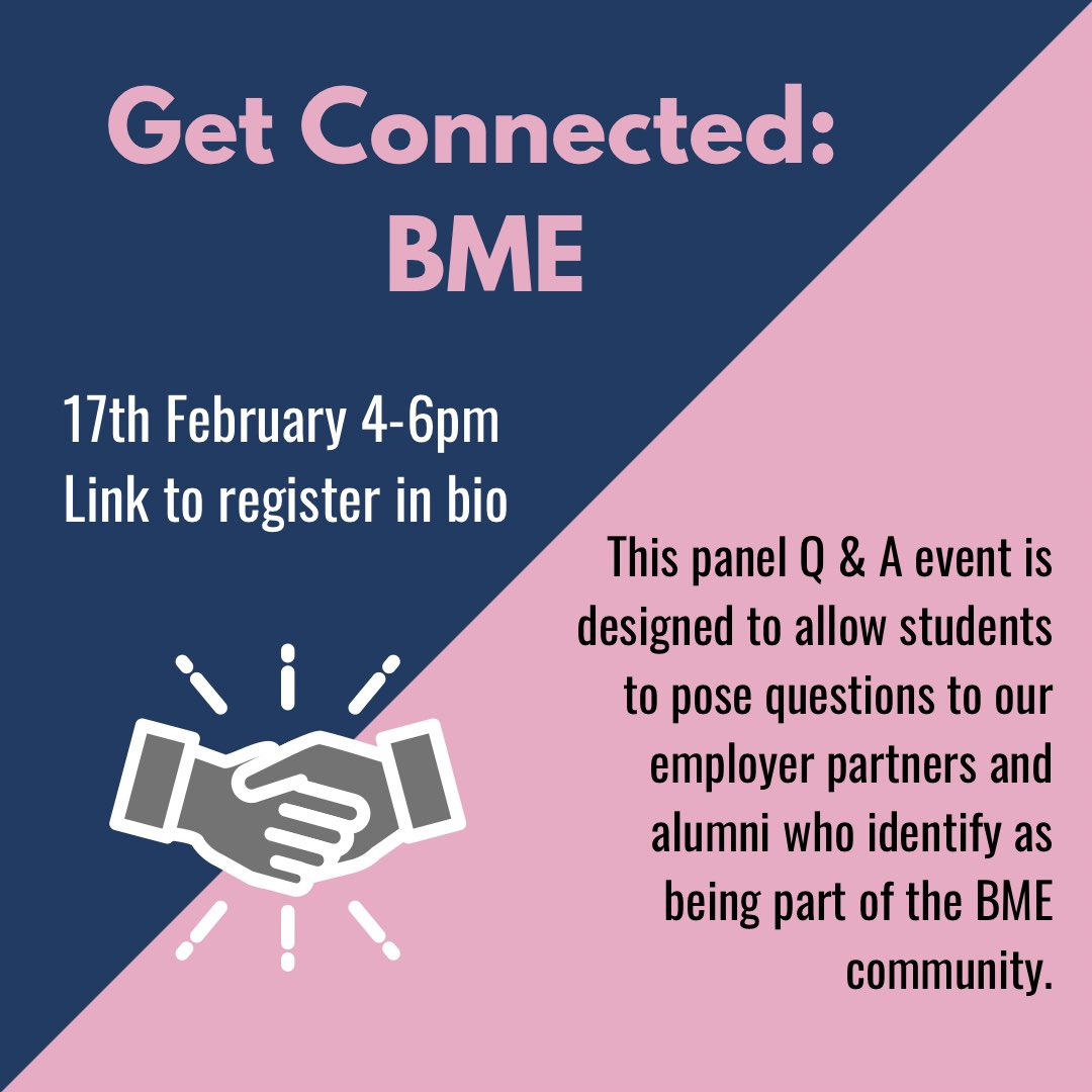 Get Connected: BME Careers Event

This Q &amp; A event is allows students to pose questions to our BME employer partners and alumni. Questions can be submitted in advance or at the event. There will be an opportunity to network with speakers at the end of the event.

Link in bio!