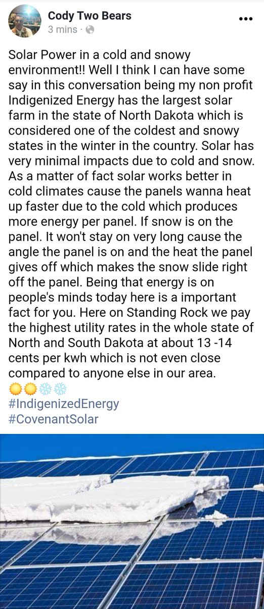 Republican Politicians blaming Renewable Energy in cold weather on the power outages in the country.  So not true!!!
How about ask the people that are actually doing the work!!
#IndigenizedEnergy 
#CovenantSolar