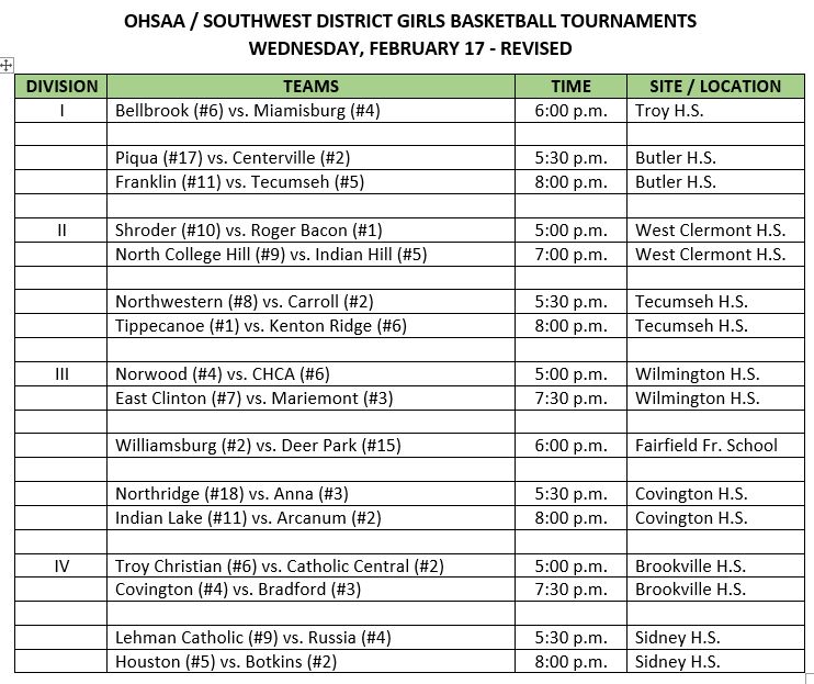 Girls Basketball revised tournament schedule for tomorrow, February 17th!