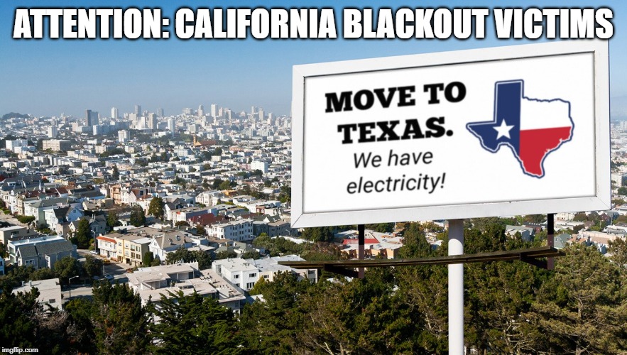 100percent_stu's tweet photo. Hi Texas.... remember this one? 
At least we're not freezing.
Love, California.
#TexasBlackout https://t.co/usBSPCpXvo