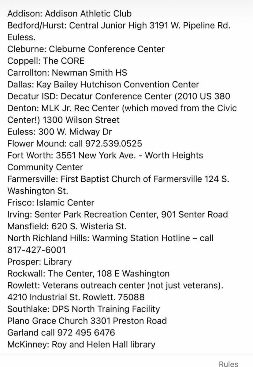 LIST OF SHELTERS & WARMING CENTERS IN TEXAS 