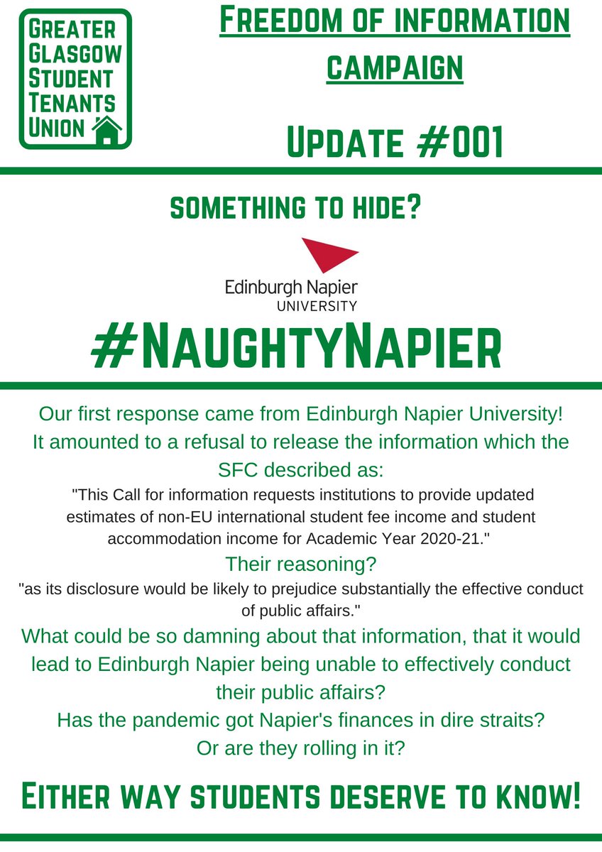 theGGSTU's tweet photo. The first update from our FOI campaign! First to publicly put their pennies and PR before public information and their students peace of mind is... @EdinburghNapier. #StudentsDeserveBetter #NaughtyNapier https://t.co/tzQMWwChiU