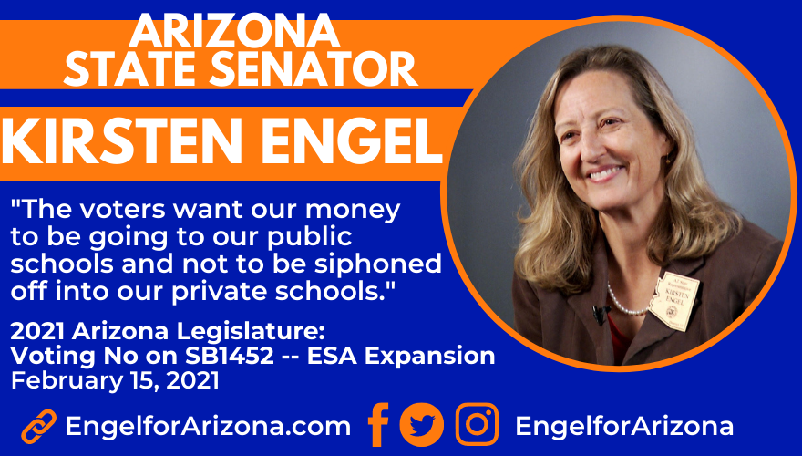 EngelForArizona's tweet photo. SB1452 is bad for public schools, riddled with loopholes, and against the voters' will. I voted no & remain in strong opposition to any voucher or ESA expansion. AZ voters told us in 2018 they don't want public dollars siphoned into private schools via 65% No Vote on #Prop305. https://t.co/Q3piArCIkZ