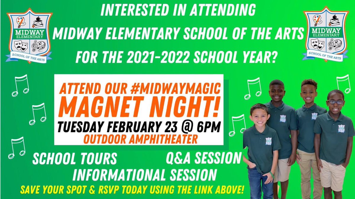 Calling all future Roadrunners! Join us next Tuesday February 23rd for our 2021 #MidwayMagic Magnet Night for a behind the scenes look at Midway!🧡💚 

All interested families who plan on attending, should RSVP at forms.gle/orpjqF5JxjbbSF… by Monday February 22nd.
