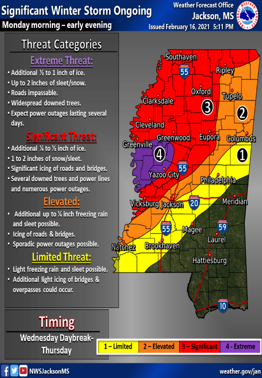 MSEMA's tweet photo. ⚠ WINTER STORM UPDATE: The threat level has increased for the Delta with an additional 1/2 to 1 inch of ice accumulation possible in those areas tomorrow through Thursday. Parts of the Jackson Metro could also pick up additional ice accumulation with this second winter storm. https://t.co/lv8dEDCv4q