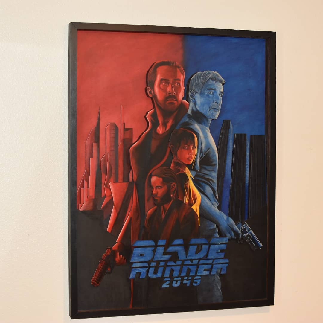 First time on Twitter and wanted to share this new movie poster art piece. 
It is ink pencil on maple plywood. It is 45 inches by 34 inches and is 11 layers thick. 

#artist #illustration
#artistsontwitter #bladerunner2049 #bladerunnerart #lasercutart #inkpencil
#colorpencil