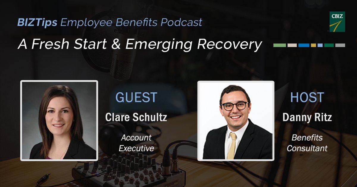 cbz's tweet photo. We're talking fresh starts and an emerging recovery in Episode 11 of the BizTips #podcast! Clare Schultz, a CBIZ Account Executive, joins host @DannyRitzCBIZ to chat about preparing for any #employeebenefits challenges 2021 may bring. Tune in: https://t.co/n6piYHebof https://t.co/6SUwc2HCuV