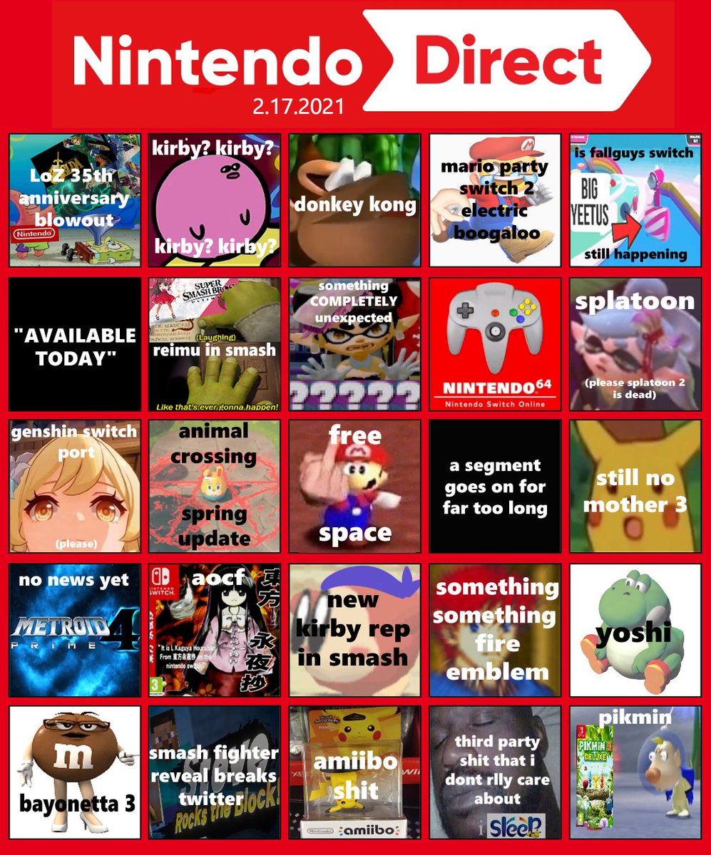 February 2021 Nintendo Direct Bingo Card : r/NintendoSwitch