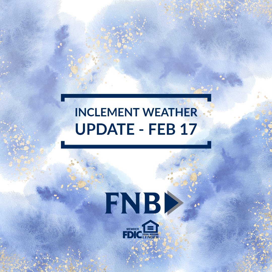 FNBOxford's tweet photo. INCLEMENT WEATHER UPDATE
Oxford Square and Tupelo Fairpark locations ONLY and all iTMs will be open on Wednesday, February 17 from 10 a.m.-2:00 p.m. Please check back for updates on locations and hours. Thank you and stay safe! https://t.co/BxpHQKqIi9
