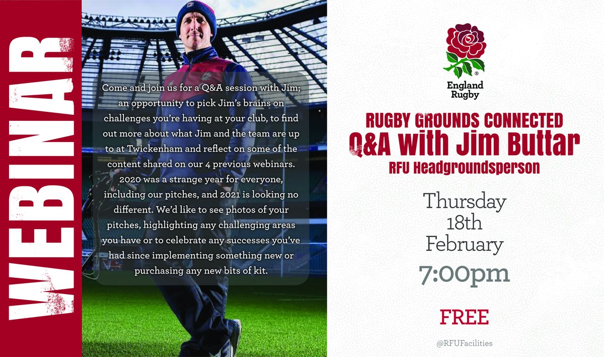 🚜THIS TIME TOMORROW 🚜 
Join us for our RGC Q&amp;A with Jim Buttar – Twickenham Head Groundsperson

For full details and to register please follow the link; zoom.us/webinar/regist…

#AskRGC #MakingSportPossible #PitchUpForRugby