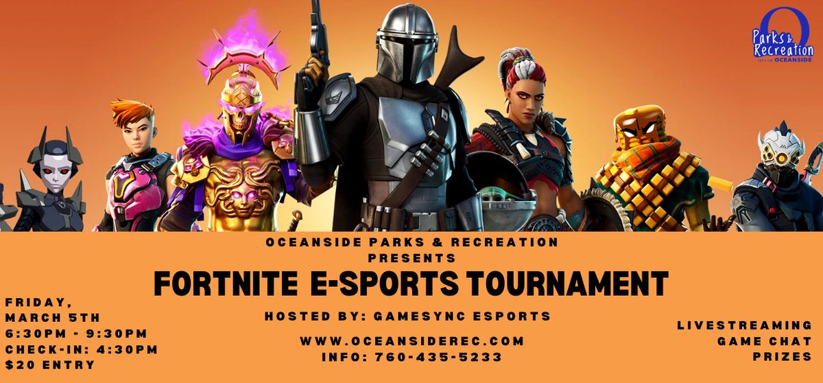 FORTNITE E-SPORTS TOURNAMENT
Sign up here: bit.ly/2YRAD8l

Gamers are invited to the Fortnite E-Sports tournament and will get to compete in multiple Fortnite free-for-all matches!
Date: Friday, March 5th, 6:30pm - 9:30pm
Location: Virtual!
#Oceanside #Fortnite #Tuesday