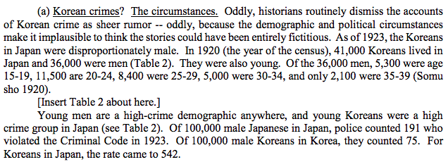 In another article, Ramseyer suggests that the massacre of Koreans in the aftermath of the 1923 Tokyo Earthquake really wasn't that big a deal, and also that the Koreans were doing crimes and thus maybe even deserved to be extrajudicially murdered. http://www.law.harvard.edu/programs/olin_center/papers/pdf/Ramseyer_1008.pdf
