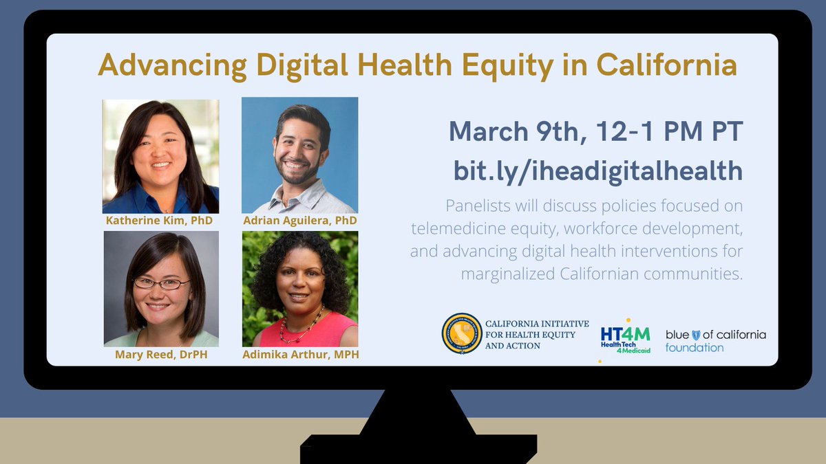 Join us for a discussion on how we can mitigate barriers to accessing care and improve health outcomes through digital health interventions with <a href="/draguilera/">Adrian Aguilera</a>, <a href="/AdimikaA/">Adimika Arthur</a>, and more. Happening 3/9 at 12 PM. Register: bit.ly/iheadigitalhea…