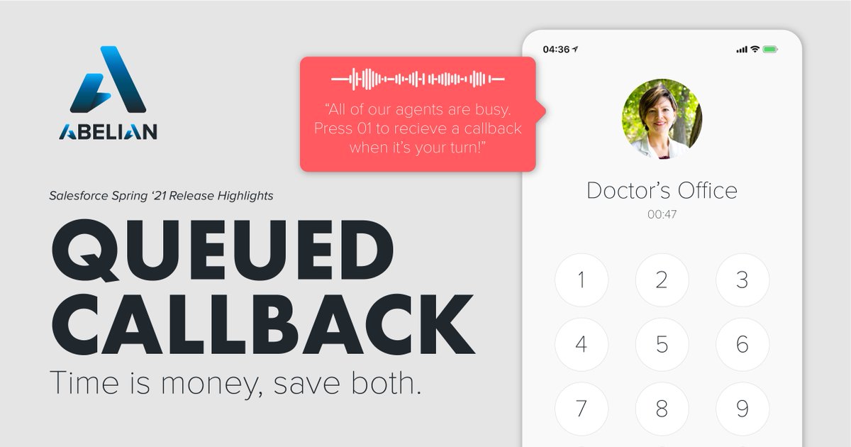 Abelianus's tweet image. #SalesforceSpringRelease: No one likes being on hold, give your clients the opportunity to schedule a queued callback. Lower telephony costs and create better customer experiences! Need help? Let's chat!

 #salesforce #salesforceadmin #salesforcecalifornia #ocentrepreneurs