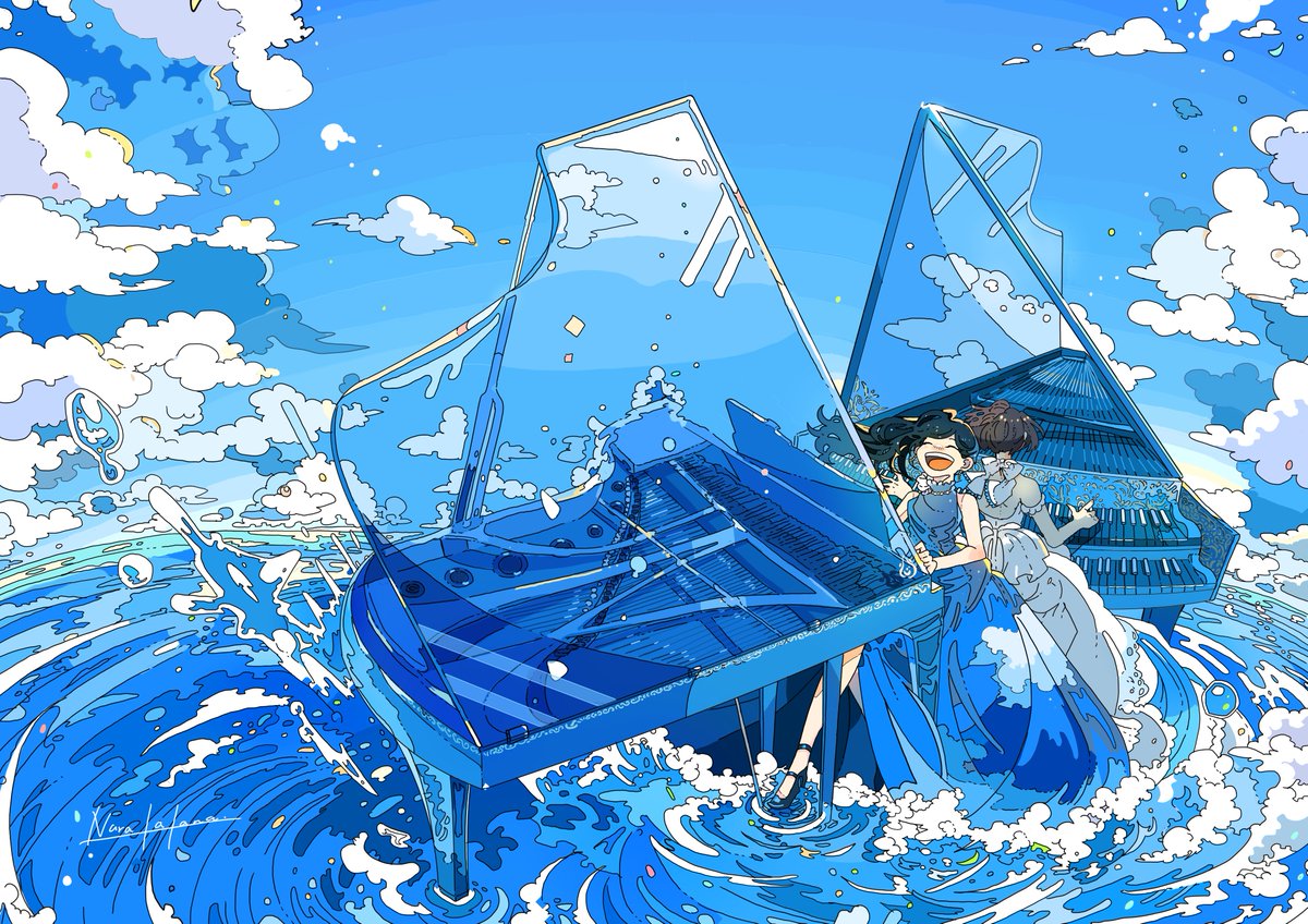 dress piano cloud 1girl instrument blue theme water  illustration images