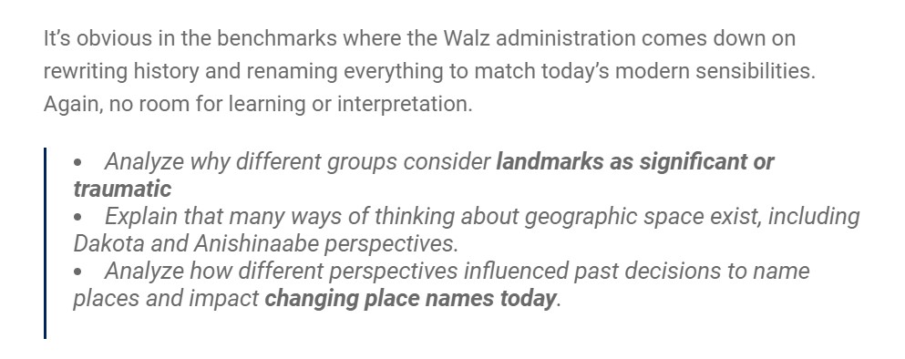 Yet, in this very image, Center of the American Experiment says "Again, no room for learning or interpretation"... then rallies against the idea of multiple perspectives designed to get students to critically think. So,  @Sendahms, which way do we want it?