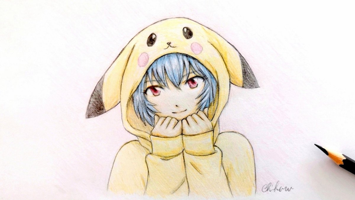 ayanami rei ,pikachu 1girl solo blue hair red eyes hood traditional media cosplay  illustration images