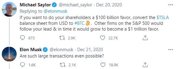 3/ Are there similarities between  $MSTR &  $TSLA? A few.  @elonmusk publicly pined for  $BTC on Twitter last Dec (LEFT) & Saylor replied w/ an offer to advise him on how to buy it (RIGHT). On Feb-8th,  $TSLA's 10K was released saying it owned $1.5bn of  $BTC "from Jan'21".