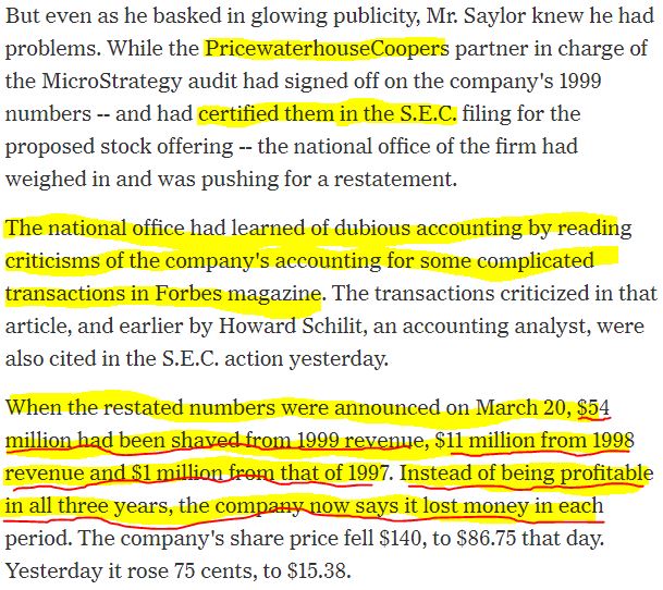 2/  $MSTR CEO  @michael_saylor settled for fraud in 2000.-He overstated sales & covered losses-PwC OK'd it-SEC allowed no admission of guilt for an $8.7m penalty $MSTR plunged by 98% from its 3/00 peak.Saylor is a star now only b/c  $BTC is up 3x since he got  $MSTR to buy it.