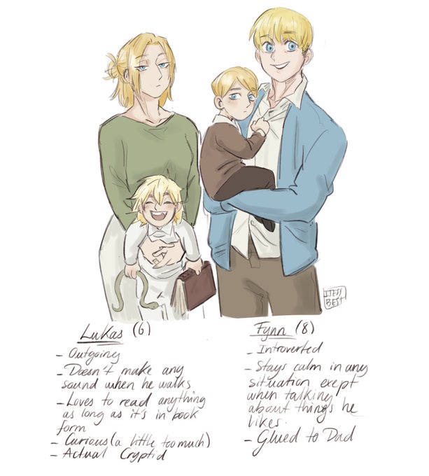 I've been wanting to draw Armin and Annie a little family for a while and I finally did it. So introducing you guys to their 2 boys, Lukas and Fynn! 