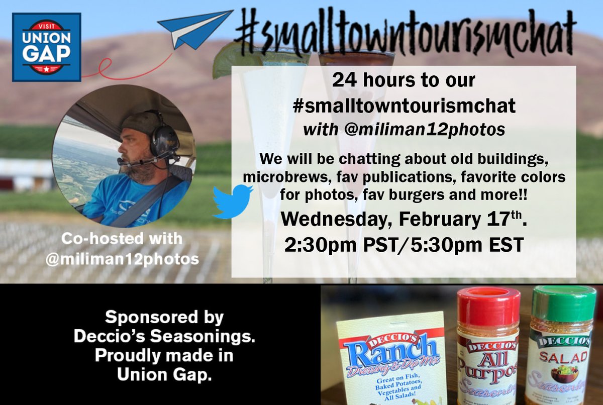 We are a little under 24 hours for this month's #SmallTownTourismChat w/@miliman12photos as our guest host. We are on our 3rd year of our chat. Check us out! #travel #travelwriter #travelblogger #smalltowns #tourists #tourismblogger #DMO #destinationmarketing #vacation #roadtrip