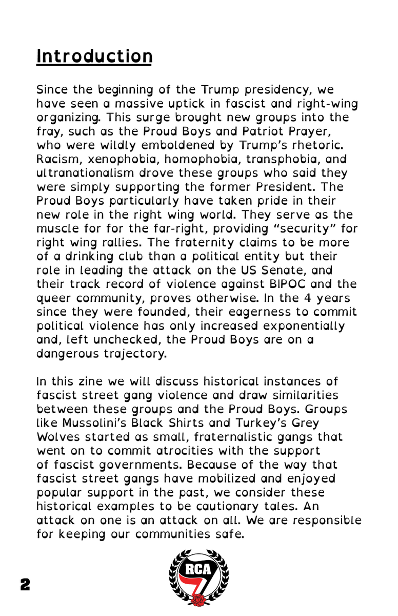 The Proud Boys deserve all the credit they get as partial instigators of the insurrection at the Capitol but their tactics are hardly new. In this zine we outline the similarities between the Proud Boys and other fascist street gangs over the past 100 years. Part (1/7)
