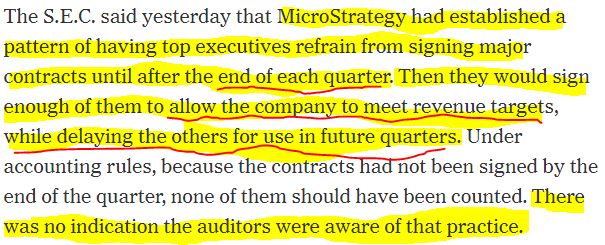 4/ And the accounting tactics. They seem oddly familiar.  $TSLA has bloated current accounts & murky P&L disclosures. It likely does this through booking >60% of its sales in the last month of each quarter.  $MSTR committed fraud by doing similar things in the dotcom days.