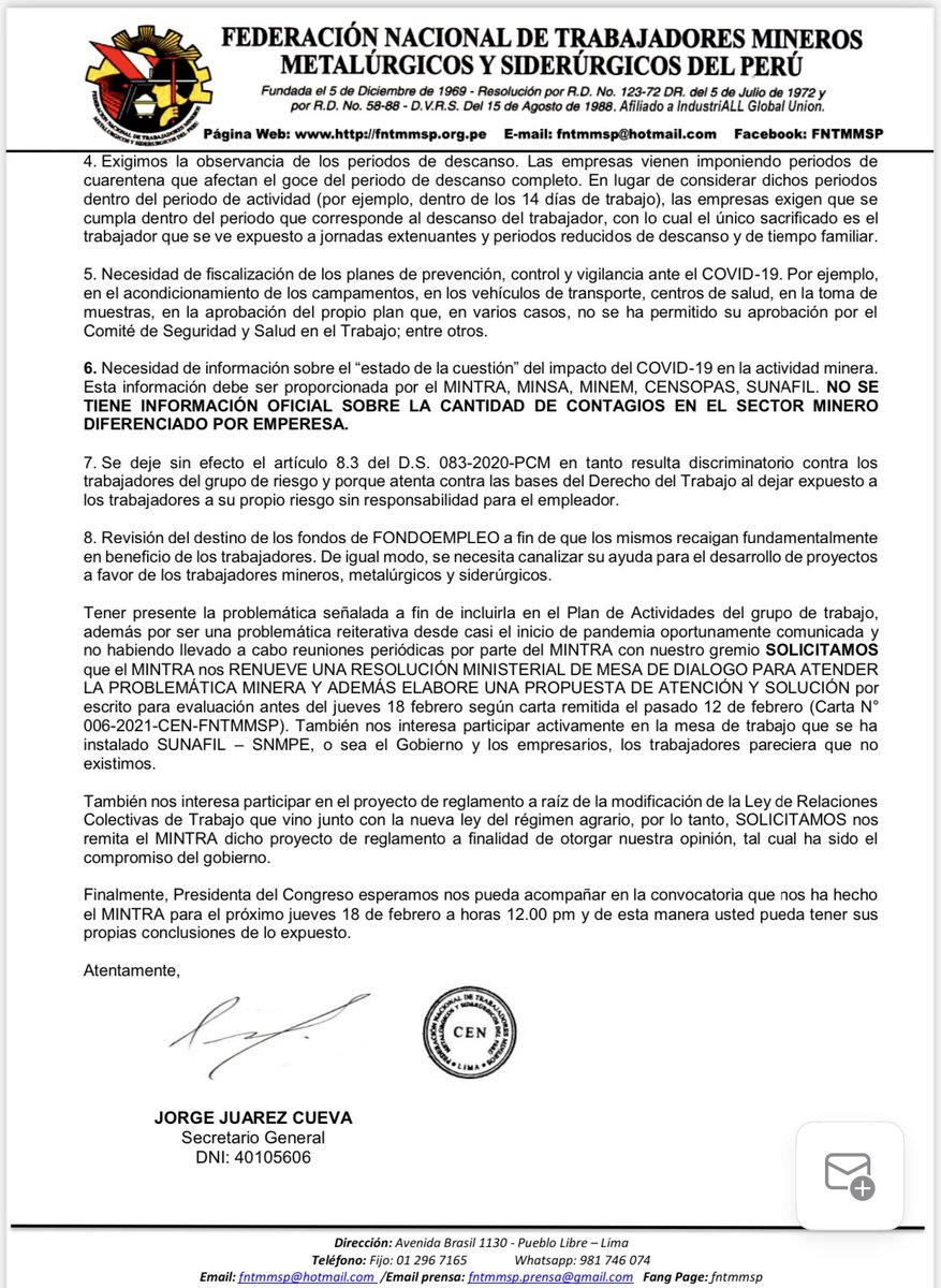 JorJuarez's tweet photo. Invitamos a la congresista Mirtha Vasquez identificada con los trabajadores q acompañe a los mineros en esta reunión del 18 de febrero ante el MINTRA @MirtyVas @Joha_Chaska @FSagasti @MTPE_Peru @SunafilPeru @larepublica_pe @InfoSindicatos @elcomercio_peru @exitosape https://t.co/1ZkubTmZ5V