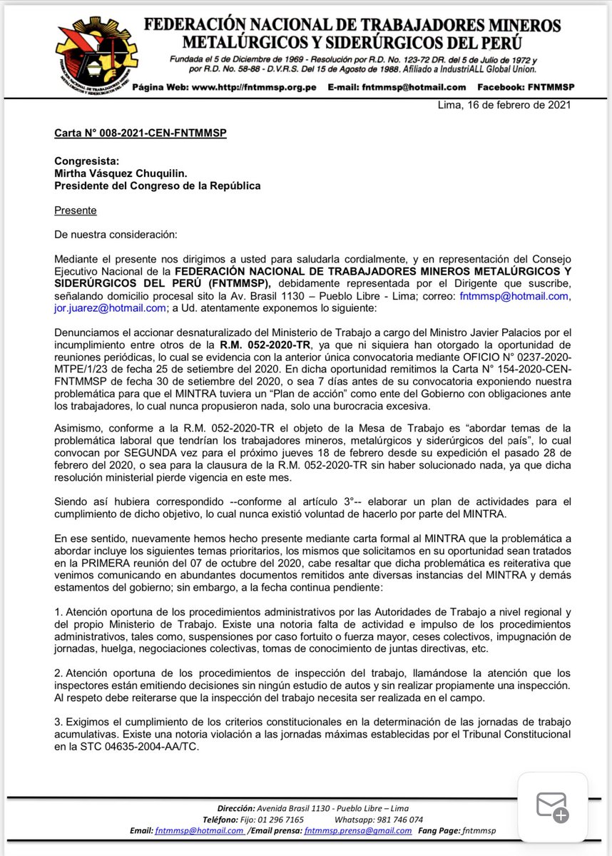 JorJuarez's tweet photo. Invitamos a la congresista Mirtha Vasquez identificada con los trabajadores q acompañe a los mineros en esta reunión del 18 de febrero ante el MINTRA @MirtyVas @Joha_Chaska @FSagasti @MTPE_Peru @SunafilPeru @larepublica_pe @InfoSindicatos @elcomercio_peru @exitosape https://t.co/1ZkubTmZ5V