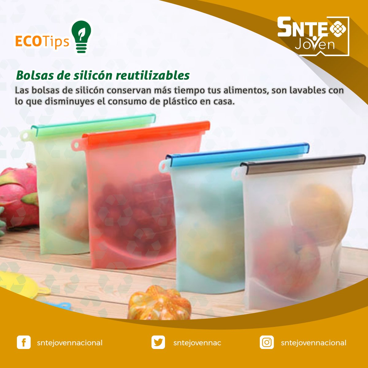 sntejovennac's tweet photo. #SNTEJovenXELPlaneta🌎♻️

✅#ECOtip Cambiar las bolsas de plástico por bolsas de silicón reutilizables es una excelente manera de ayudar al medio ambiente. https://t.co/6550E5rNqN