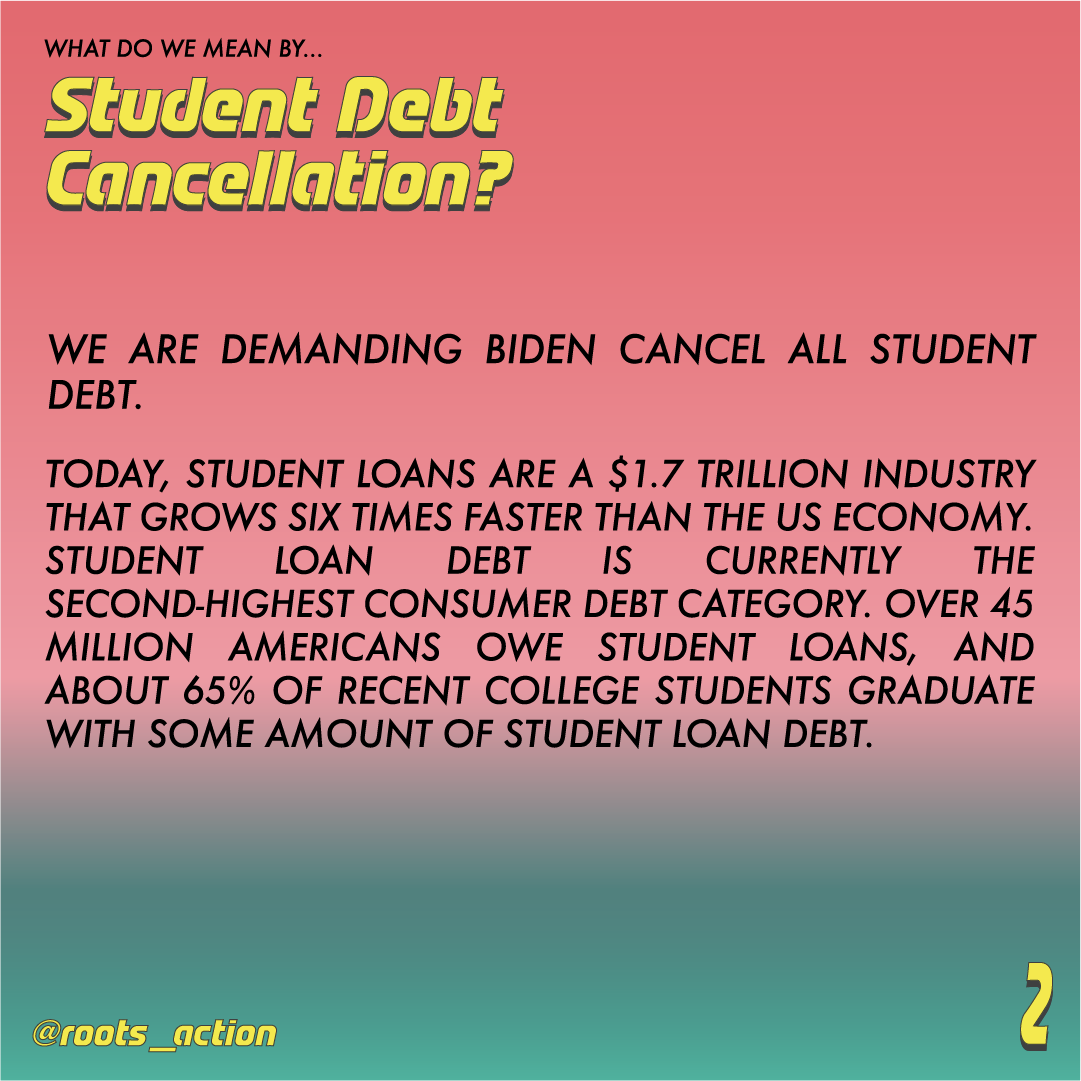 We are demanding  @JoeBiden cancel ALL student loan debt.Today, the total student loan debt number sits at $1.7 trillion. Over 45 million Americans owe student loans, and about 65% of recent college students graduate with some amount of student loan debt. This is a crisis.