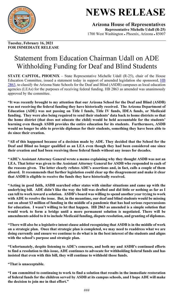 Statement from House Education Chairman @michudall on ADE Withholding Funding for Deaf and Blind Students. azleg.gov/press/house/55… #azleg