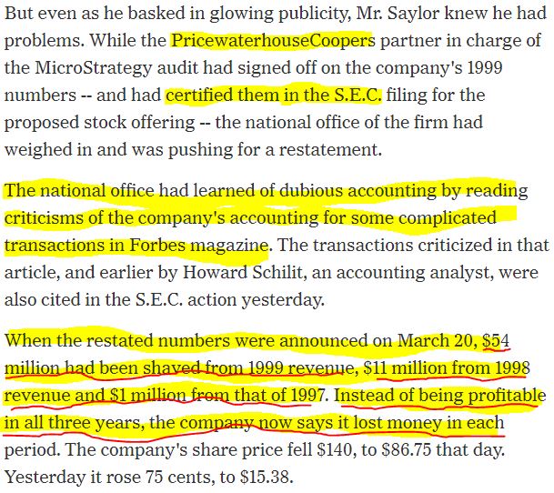 5/ I often wonder how PwC can handle all of the "complex" accounting going on at  $TSLA. PwC handled it well back in the late 90s w/  $MSTR. Media became noisy. New rules enforced by the SEC. And that's when PwC's partners did the right thing: they thought about their future.