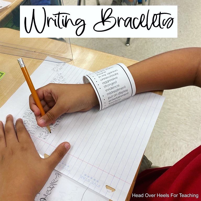I wanted my students to add powerful and descriptive vocabulary to their writing, so I gave them a writing bracelet! It’s basically a word bank, but also an accessory! My students helped me compile the list of words they thought we should use. They loved their bracelets!