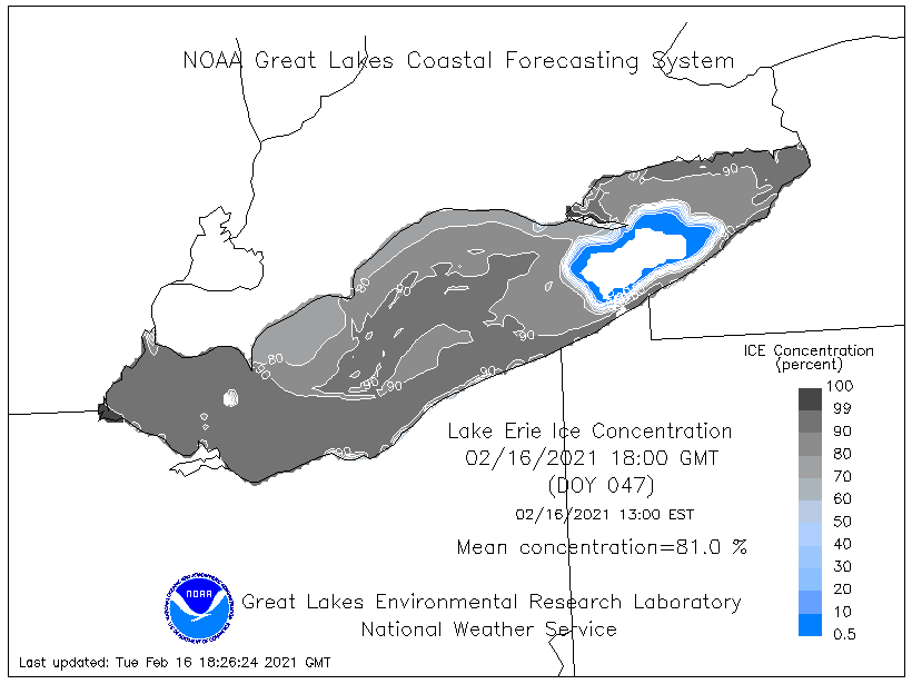 There's advisory-criteria lake effect snow occurring right now off of Lake Erie, with the bulk of the fetch over ice cover of 80-90%+. This happens every now and then, and is one of my favorite meteorological phenomena ever. 1/5