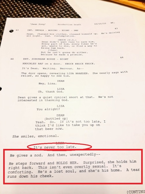 Castiel returned to the sound track, "Never Too Late,"the same phrase Lisa welcomed Dean back, with the same scene, the same shot blocking, the same -- well, read Swan Song  #theirlovewasreal