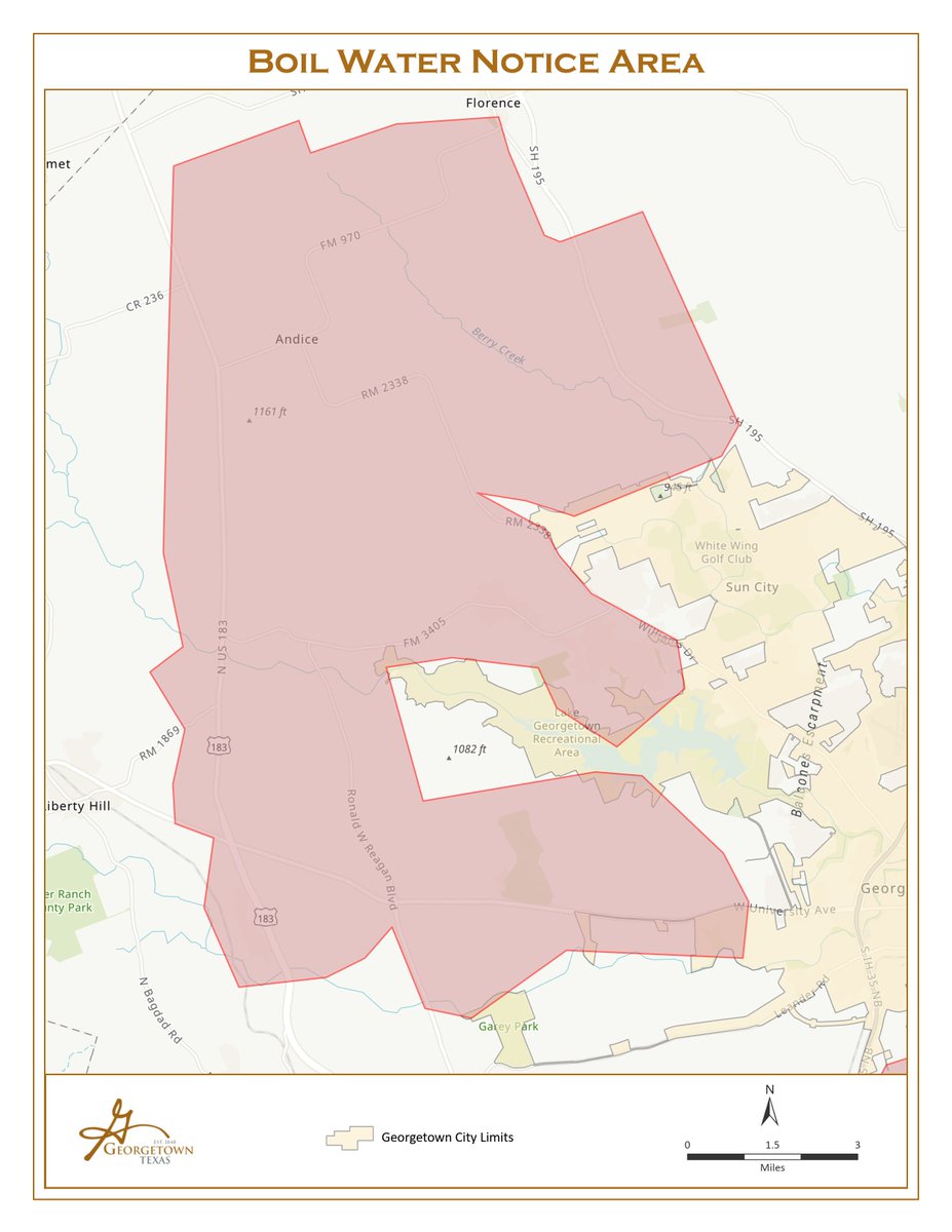 georgetowntx's tweet photo. (1/3) PLEASE SHARE: Boil water notice to #GeorgetownTX water utility customers now includes ~14,720 customers:

⭕Westinghouse area bound by I-35 to 1460
⭕Areas west of town, including Santa Rita, Northlake &amp; Andice 
⭕Florence + Liberty Hill

More: https://t.co/NR0cZCQ9LD https://t.co/ESF5R3L5Pu