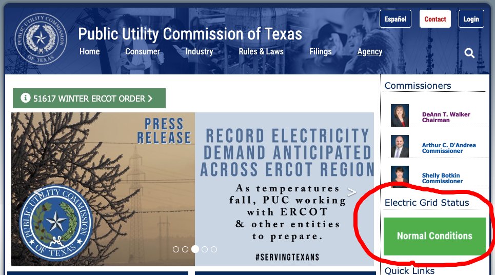 MauriceRoberts's tweet photo. @GregAbbott_TX Governor, will your political appointees of the PUC be held accountable? Here's their website tonight Feb. 16th. Electric Grid Status: Green. On the same page where they advertise their emergency order to raise consumer energy pricing. #servingtexans a turd sandwich. https://t.co/B6h2actCzm