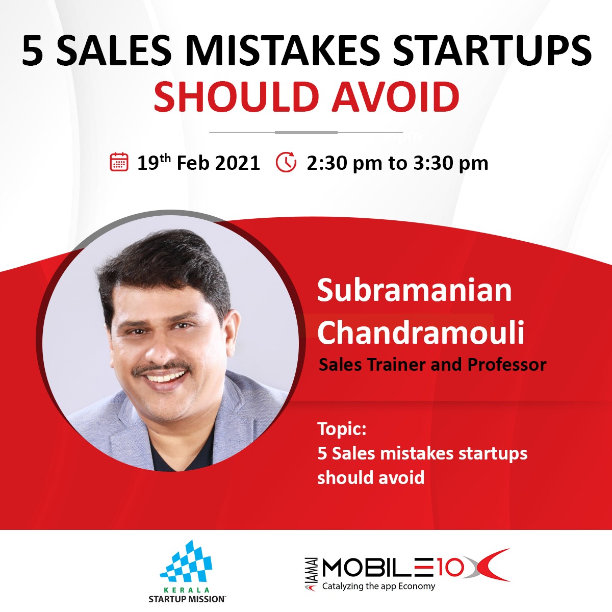 Success is all about navigating potential pitfalls.
Join us for the interesting conversation on the mistakes to avoid in a startup journey with <a href="/subramaniancm/">Subramanian Chandramouli</a> 

Date: 19th February 2021
Time: 2:30 pm to 3:30 pm
Register Here: airmeet.com/.../79368cf0-7…