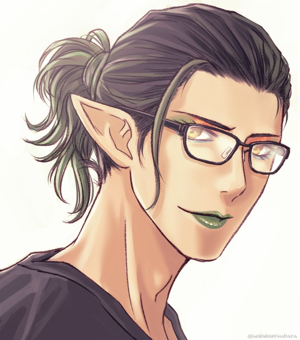 1boy glasses male focus pointy ears solo makeup black hair  illustration images