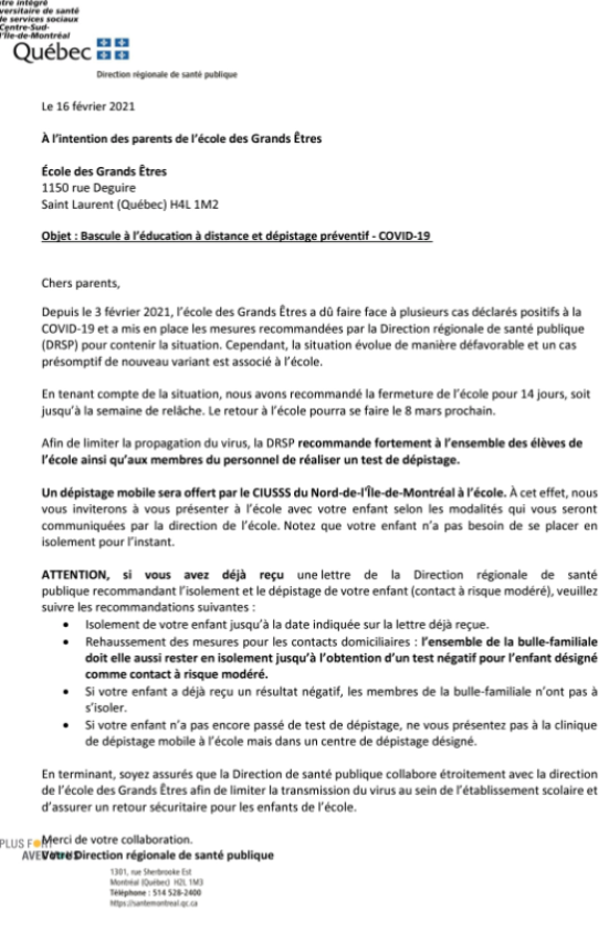 5) And  http://covidecolesquebec.org  is reporting tonight the closing of a third Montreal school, École des Grands Êtres, after a  #COVID19 outbreak and a presumptive case of a variant. This follows confirmed and presumptive variants at Collège Stanislas and Yechiva Yavne last week.