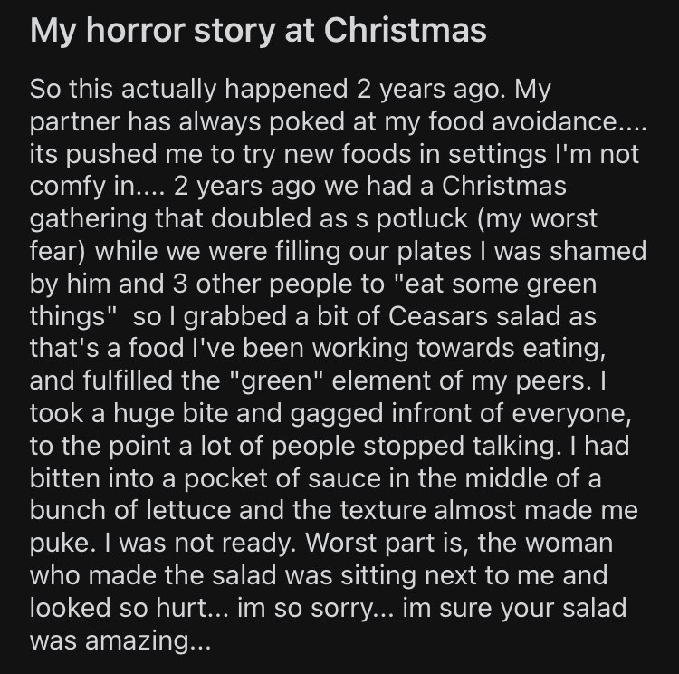 TW mention of gagging/vomiting. Food becomes a struggle, you feel like you’re letting people down and hurting others.