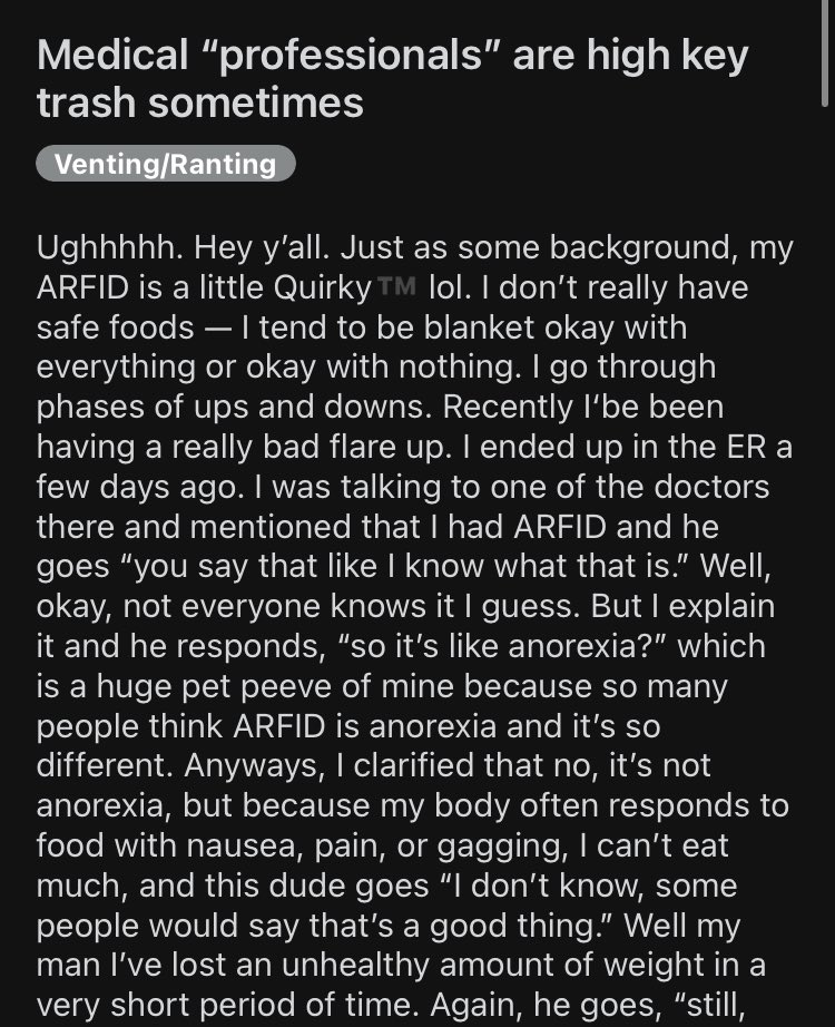 TW for gagging.Even medical professionals tend to not take the diagnosis seriously, it’s often compared to ana and seen as “less severe”.